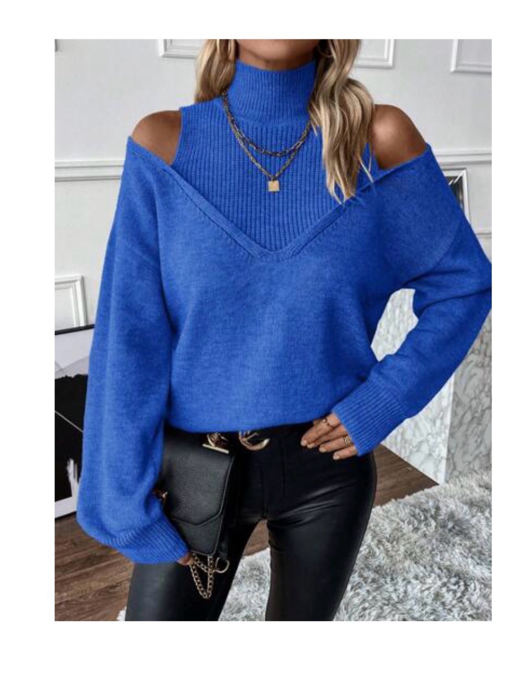 Cold-Shoulder Ribbed Turtleneck Sweater - Blue